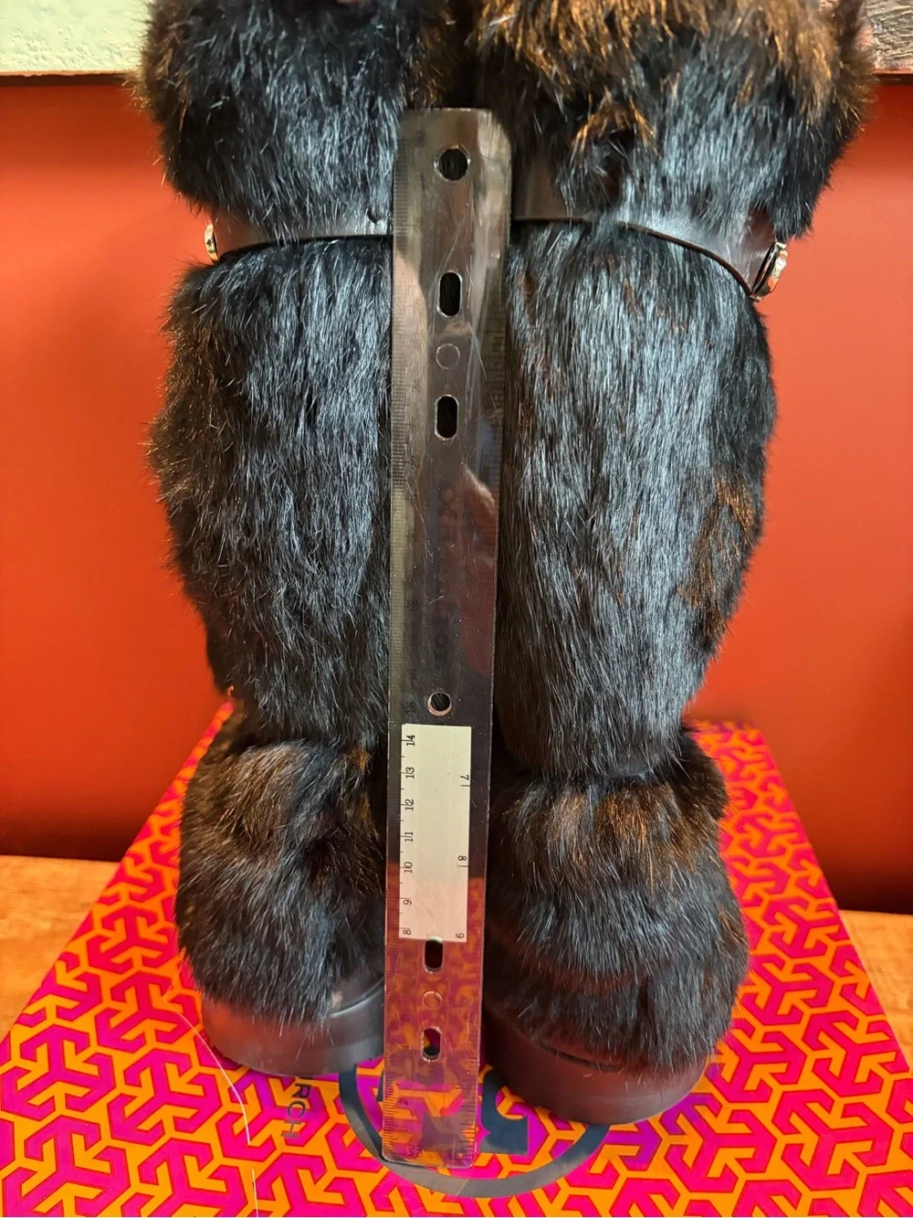Tory Burch Black Rabbit Fur Winter Boots with Leather Straps